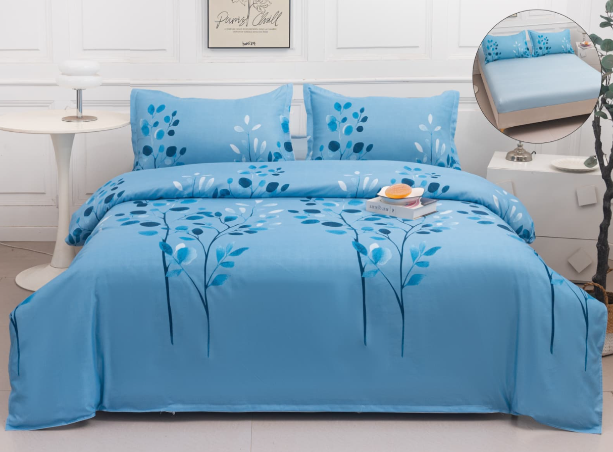 Set Lenjerie de Pat 4 Piese din Bumbac Satinat cu Cearceaf cu Elastic (180x200 cm), Husă Pilotă (200x230 cm), Textură Fină, șifonare Redusă