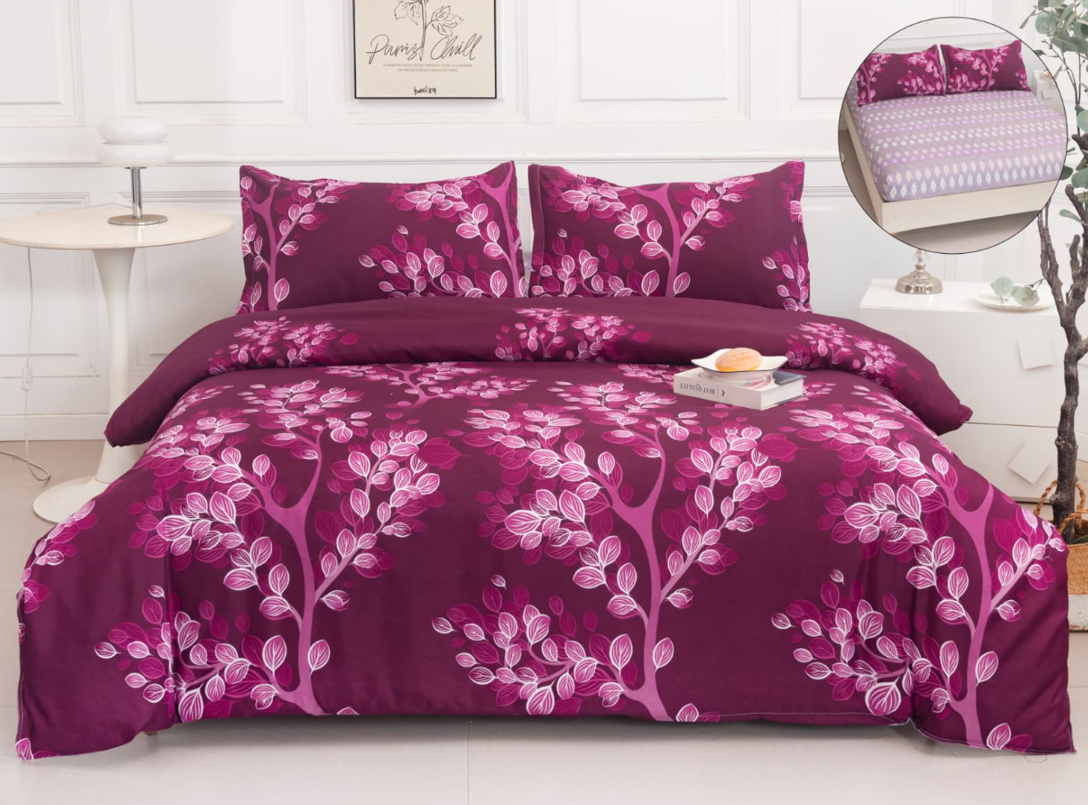 Set Lenjerie de Pat 4 Piese din Bumbac Satinat cu Cearceaf cu Elastic (180x200 cm), Husă Pilotă (200x230 cm), Textură Fină, șifonare Redusă