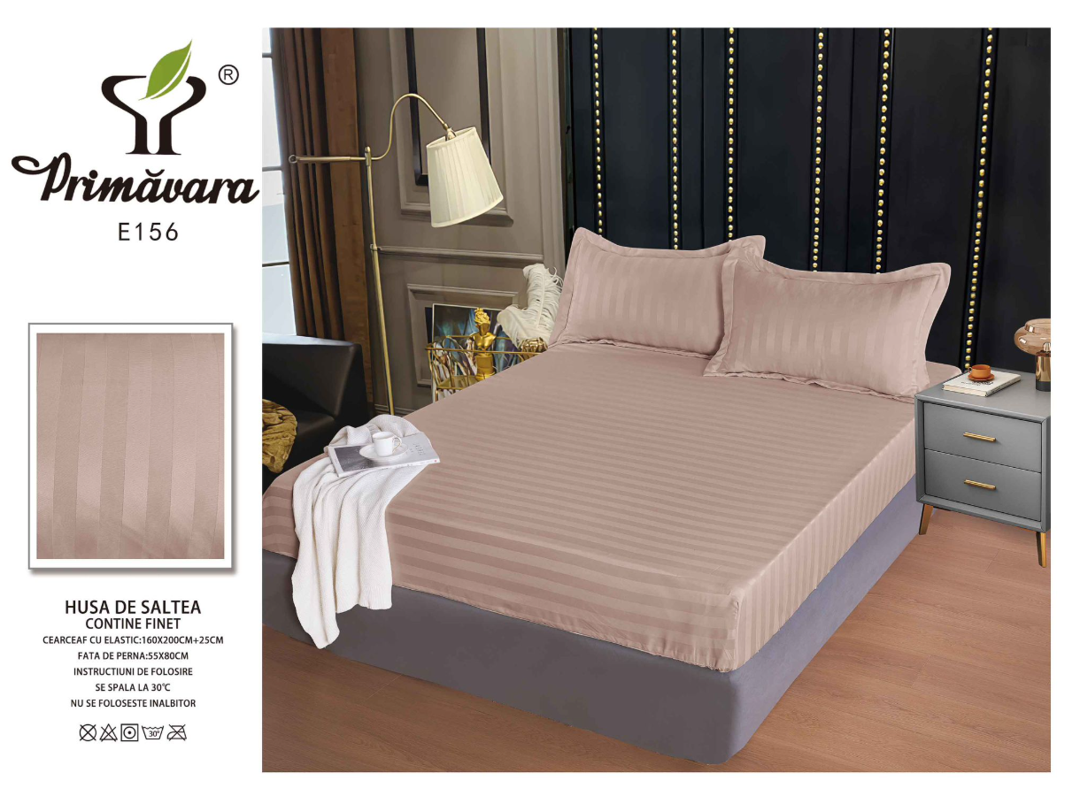 Set Cearceaf de Pat cu Elastic BEJ 160x200 cm din Finet Tip Damasc cu 2 Fețe de Pernă – Husă Protecție Saltea, Textură Densă și Catifelată