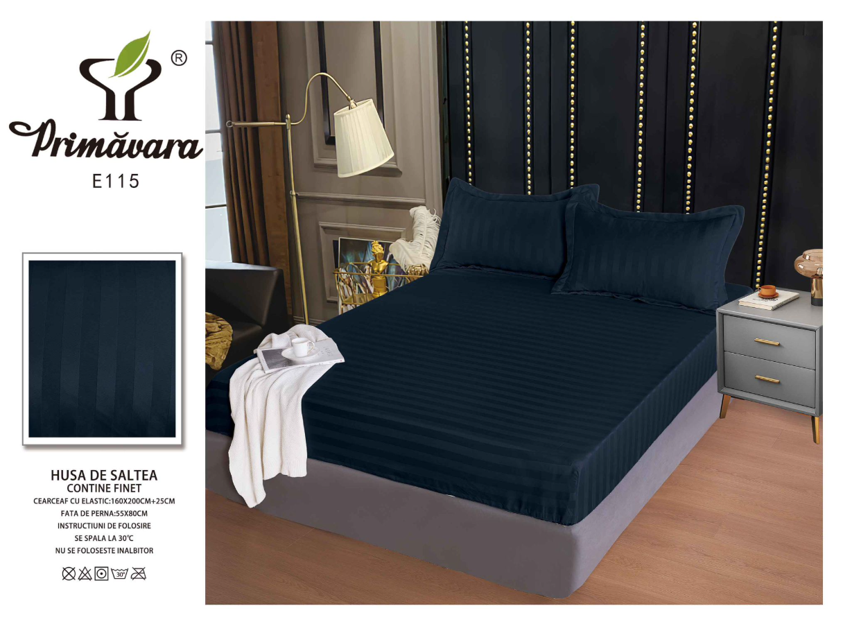 Set Cearceaf de Pat cu Elastic BLEUMARIN 160x200 cm din Finet Tip Damasc cu 2 Fețe de Pernă – Husă Protecție Saltea, Textură Densă și Catifelată