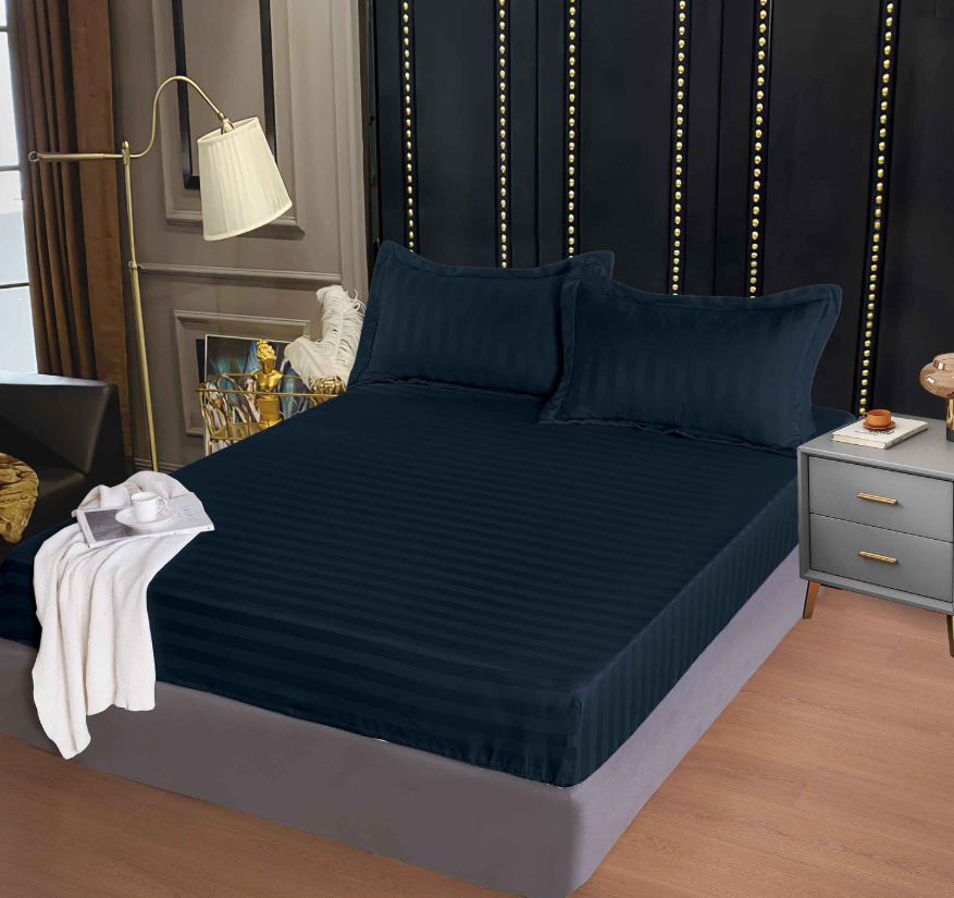 Set Cearceaf de Pat cu Elastic BLEUMARIN 160x200 cm din Finet Tip Damasc cu 2 Fețe de Pernă – Husă Protecție Saltea, Textură Densă și Catifelată