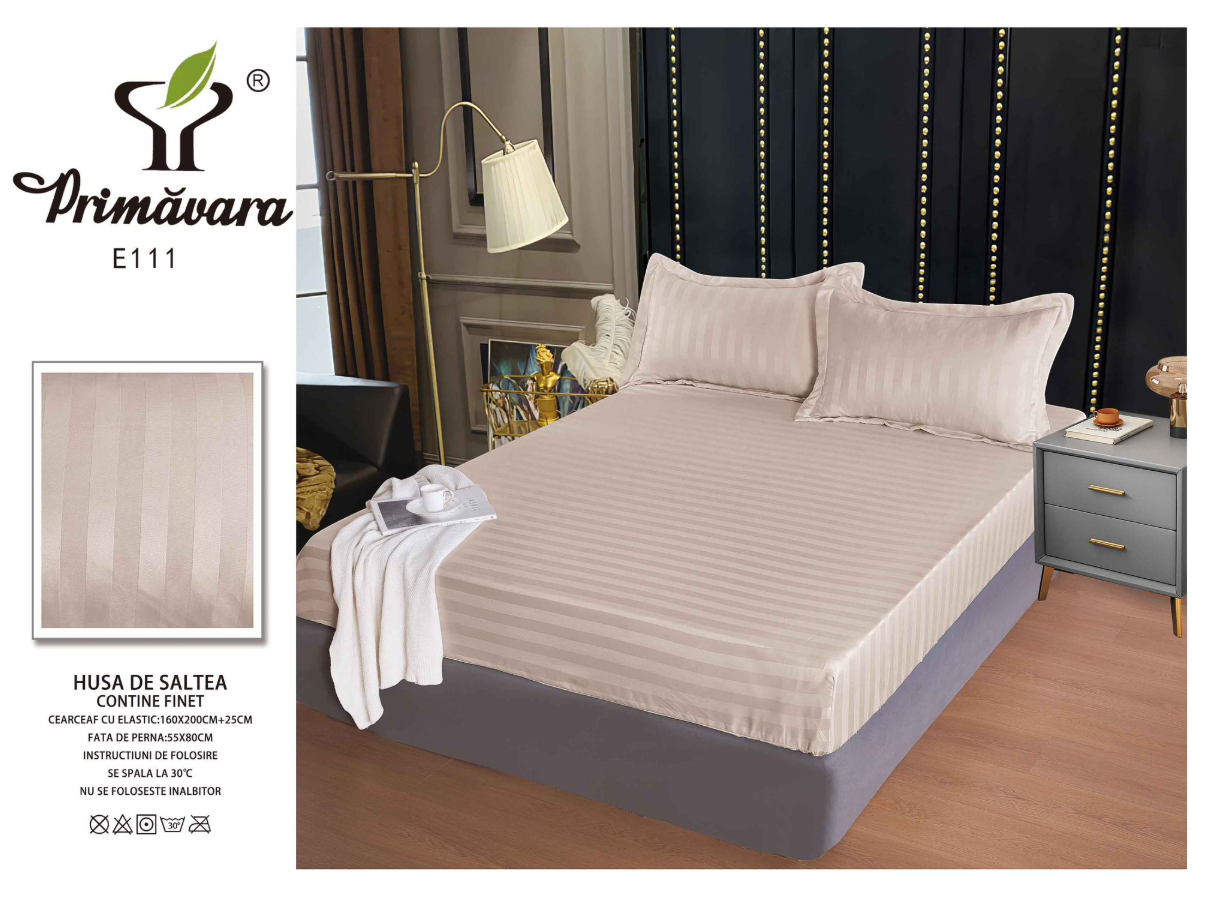 Set Cearceaf de Pat cu Elastic CREM 160x200 cm din Finet Tip Damasc cu 2 Fețe de Pernă – Husă Protecție Saltea, Textură Densă și Catifelată