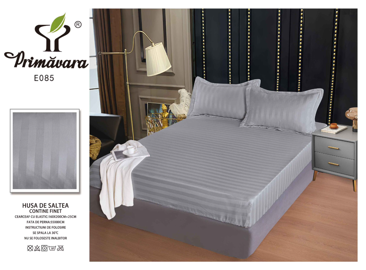Set Cearceaf de Pat cu Elastic Gri deschis 160x200 cm din Finet Tip Damasc cu 2 Fețe de Pernă – Husă Protecție Saltea, Textură Densă și Catifelată