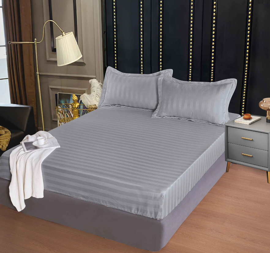 Set Cearceaf de Pat cu Elastic Gri deschis 160x200 cm din Finet Tip Damasc cu 2 Fețe de Pernă – Husă Protecție Saltea, Textură Densă și Catifelată