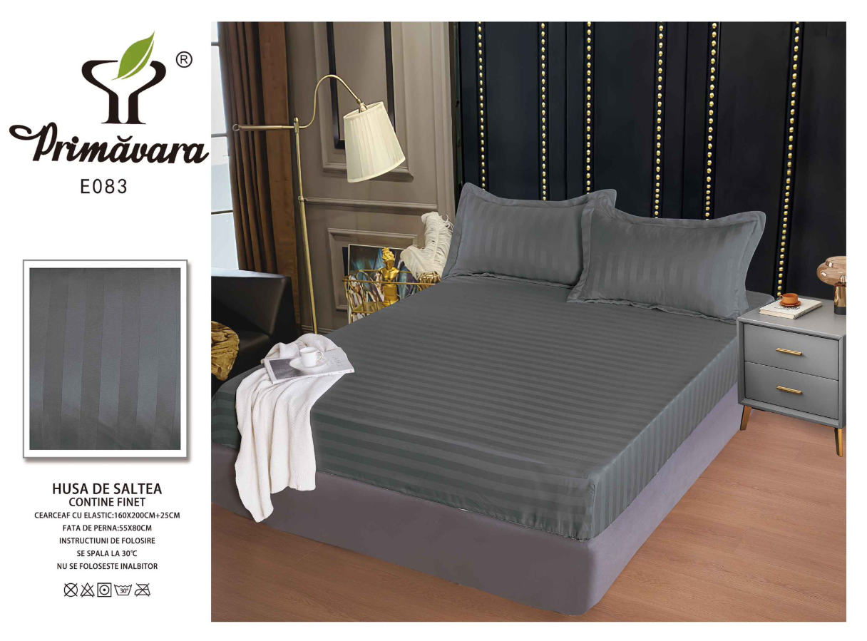 Set Cearceaf de Pat cu Elastic Gri inchis 160x200 cm din Finet Tip Damasc cu 2 Fețe de Pernă – Husă Protecție Saltea, Textură Densă și Catifelată