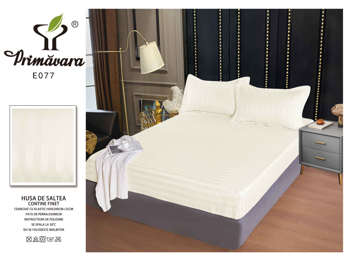 Set Cearceaf de Pat cu Elastic Ivoire 160x200 cm din Finet Tip Damasc cu 2 Fețe de Pernă – Husă Protecție Saltea, Textură Densă și Catifelată