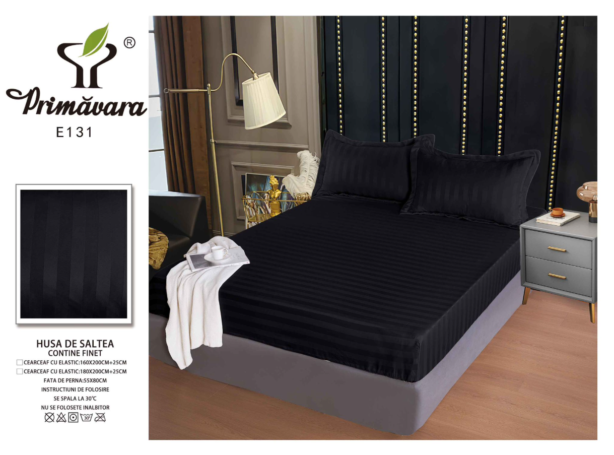 Set Cearceaf de Pat cu Elastic NEGRU 160x200 cm din Finet Tip Damasc cu 2 Fețe de Pernă – Husă Protecție Saltea, Textură Densă și Catifelată
