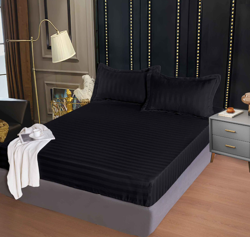 Set Cearceaf de Pat cu Elastic NEGRU 160x200 cm din Finet Tip Damasc cu 2 Fețe de Pernă – Husă Protecție Saltea, Textură Densă și Catifelată