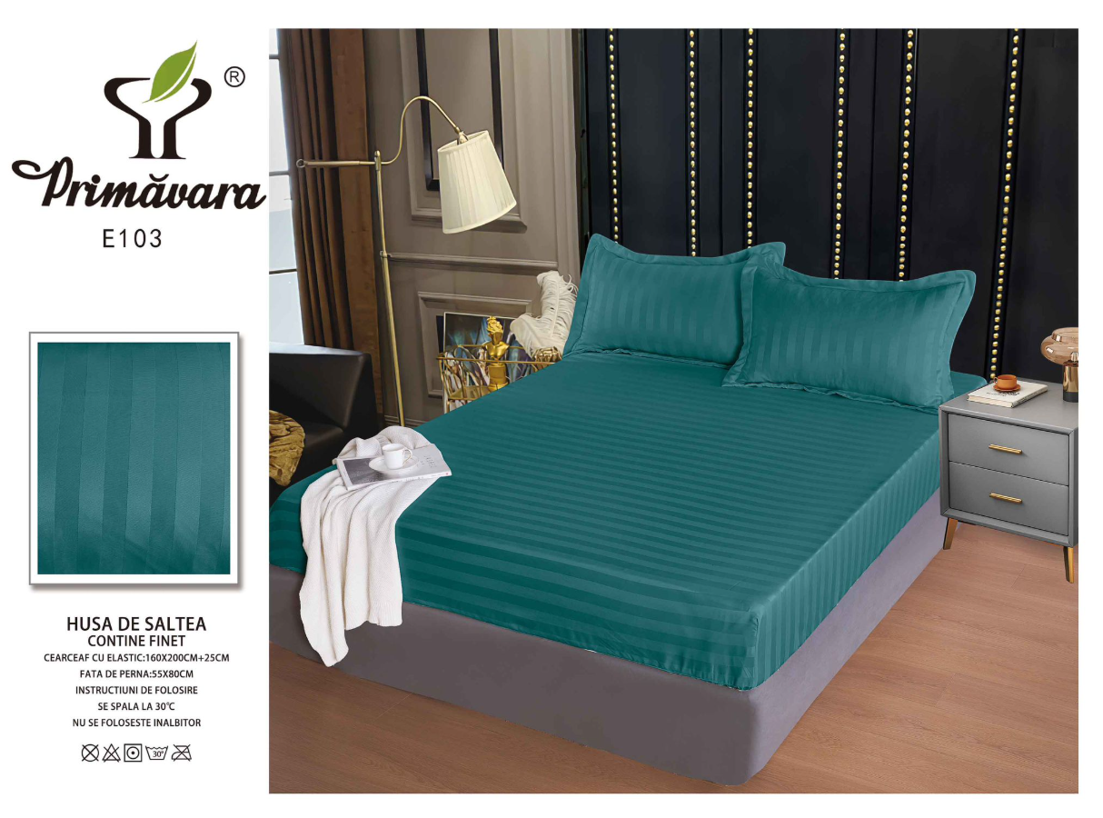 Set Cearceaf de Pat cu Elastic Turcoaz 160x200 cm din Finet Tip Damasc cu 2 Fețe de Pernă – Husă Protecție Saltea, Textură Densă și Catifelată