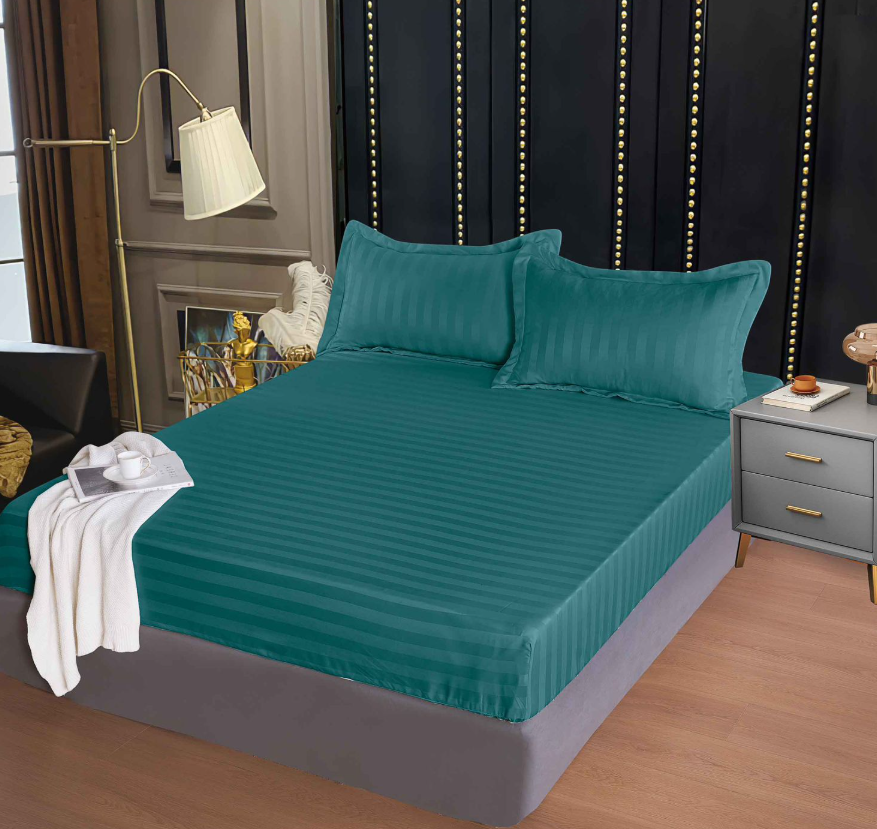Set Cearceaf de Pat cu Elastic Turcoaz 160x200 cm din Finet Tip Damasc cu 2 Fețe de Pernă – Husă Protecție Saltea, Textură Densă și Catifelată
