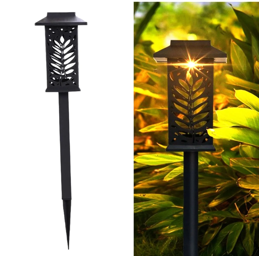 Set 6 Lămpi Solare de Grădină LED cu Lumină Caldă – Model Decorativ Frunze (Proiecție Umbre), Senzor Crepuscular Automat, Inălțime 36 cm, Fixare cu Țăruș, Kivoo