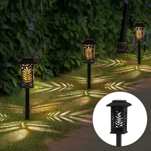 Set 6 Lămpi Solare de Grădină LED cu Lumină Caldă – Model Decorativ Frunze (Proiecție Umbre), Senzor Crepuscular Automat, Inălțime 36 cm, Fixare cu Țăruș, Kivoo