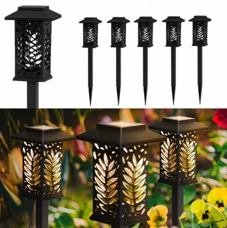 Set 6 Lămpi Solare de Grădină LED cu Lumină Caldă – Model Decorativ Frunze (Proiecție Umbre), Senzor Crepuscular Automat, Inălțime 36 cm, Fixare cu Țăruș, Kivoo