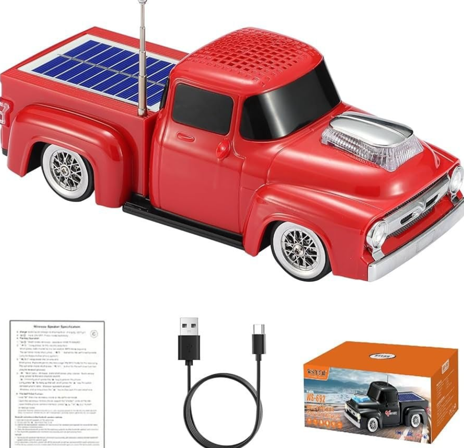 Boxă Portabilă Bluetooth Model Camionetă Vintage – Panou Solar Integrat, Radio FM cu Antenă Telescopică, USB, TF Card, Faruri LED, Culoare Negru, Kivoo