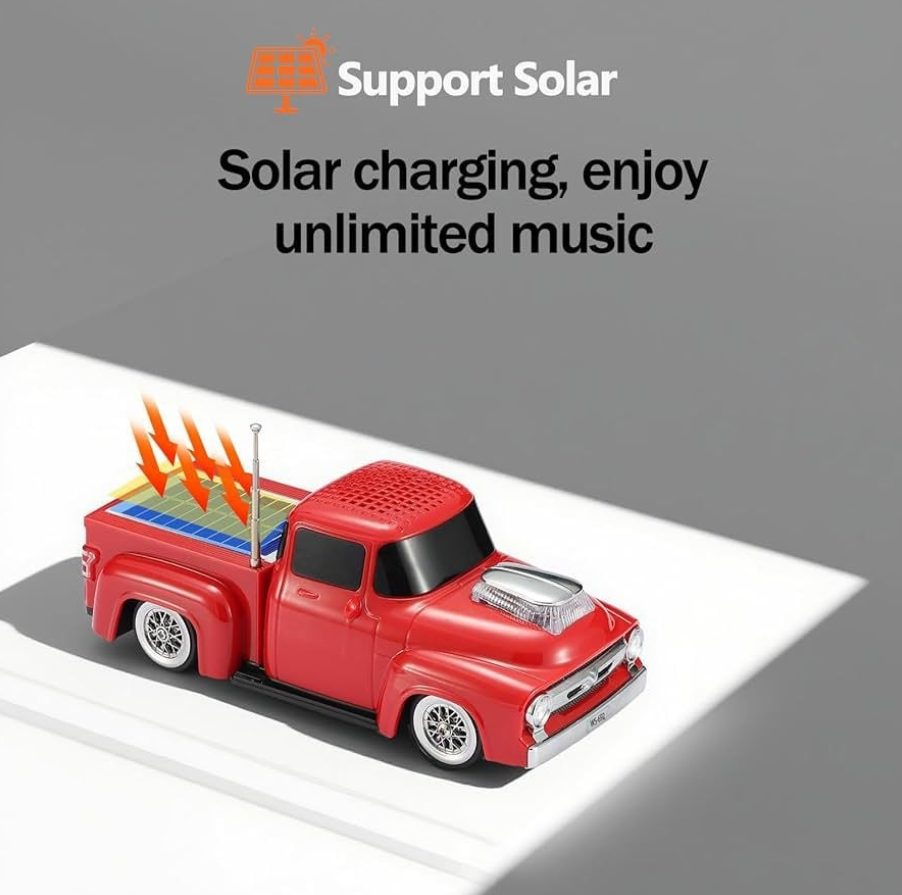 Boxă Portabilă Bluetooth Model Camionetă Vintage – Panou Solar Integrat, Radio FM cu Antenă Telescopică, USB, TF Card, Faruri LED, Culoare Negru, Kivoo