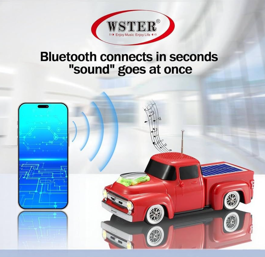 Boxă Portabilă Bluetooth Model Camionetă Vintage – Panou Solar Integrat, Radio FM cu Antenă Telescopică, USB, TF Card, Faruri LED, Culoare Negru, Kivoo