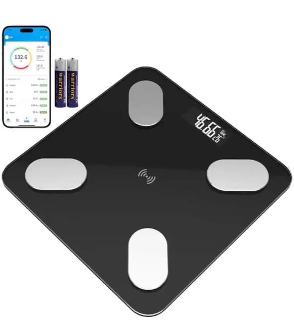 Cântar Digital Inteligent Bluetooth Kivoo – Monitorizare Parametri Corporali prin Aplicație, Ecran LED, Tehnologie Step-On, Capacitate 180 kg, Sticlă Securizată, Negru