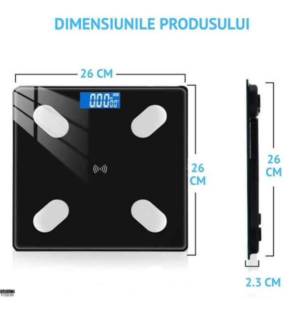 Cântar Digital Inteligent Bluetooth Kivoo – Monitorizare Parametri Corporali prin Aplicație, Ecran LED, Tehnologie Step-On, Capacitate 180 kg, Sticlă Securizată, Negru