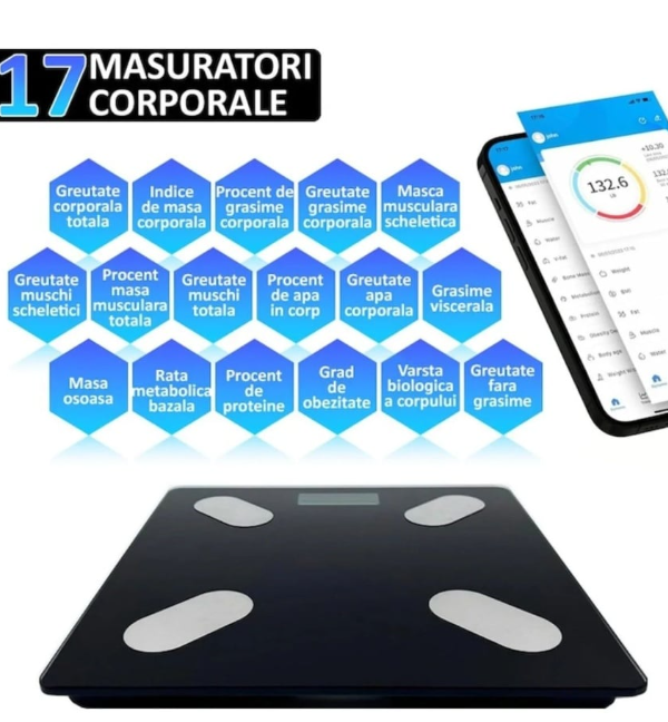 Cântar Digital Inteligent Bluetooth Kivoo – Monitorizare Parametri Corporali prin Aplicație, Ecran LED, Tehnologie Step-On, Capacitate 180 kg, Sticlă Securizată, Negru