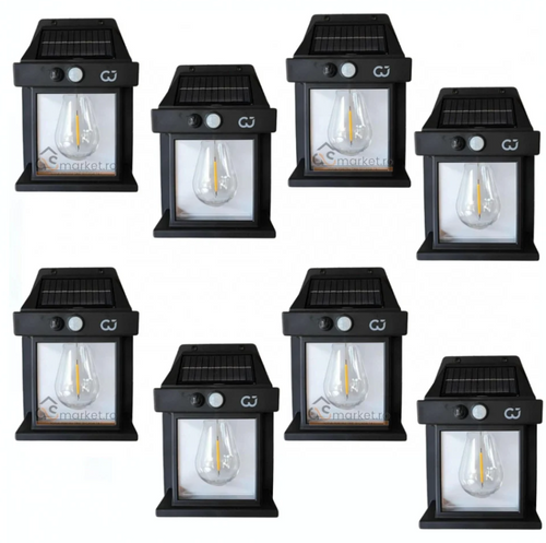 Set 8 Lămpi Solare de Perete Retro Kivoo – Senzor de Mișcare (5-8m) & Crepuscular, 3 Moduri de Iluminare, 600 Lumeni, Baterie 1800mAh, Protecție IP65, Negru