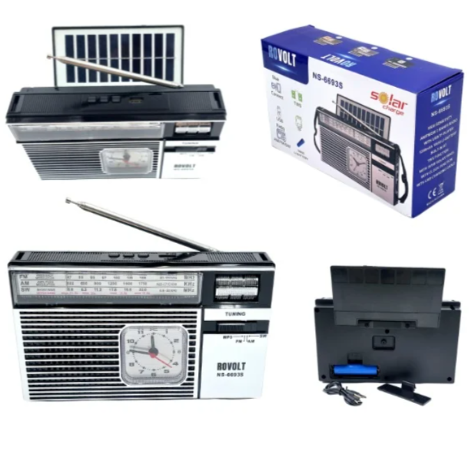 Radio Portabil Solar Kivoo NS-6693S BT cu Ceas Integrat – Bluetooth, Panou Solar, Funcție TWS, USB / Card TF, Baterie Li-ion 1200 mAh, Radio AM/FM/SW Sensibilitate Crescută