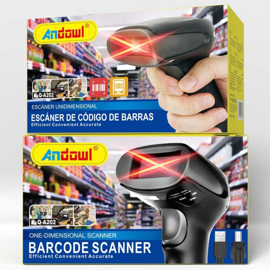 Scanner Coduri de Bare cu Fir Andowl Q-A202, Conectare USB Plug & Play, Citire Rapidă și Precisă 1D/2D, Utilizare Comercială și Magazin, Negru
