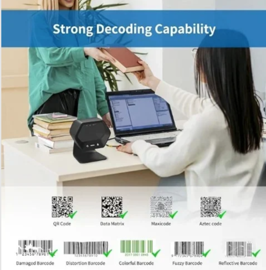 Scaner Coduri de Bare de Birou Hands-Free Andowl Q-SM700, Omnidirecțional 1D/2D/QR, Senzor CMOS 1.0MP, Citire pe Ecrane & Hârtie, Senzor Infraroșu, Fereastră Reglabilă 30°, USB Plug & Play, Kivoo