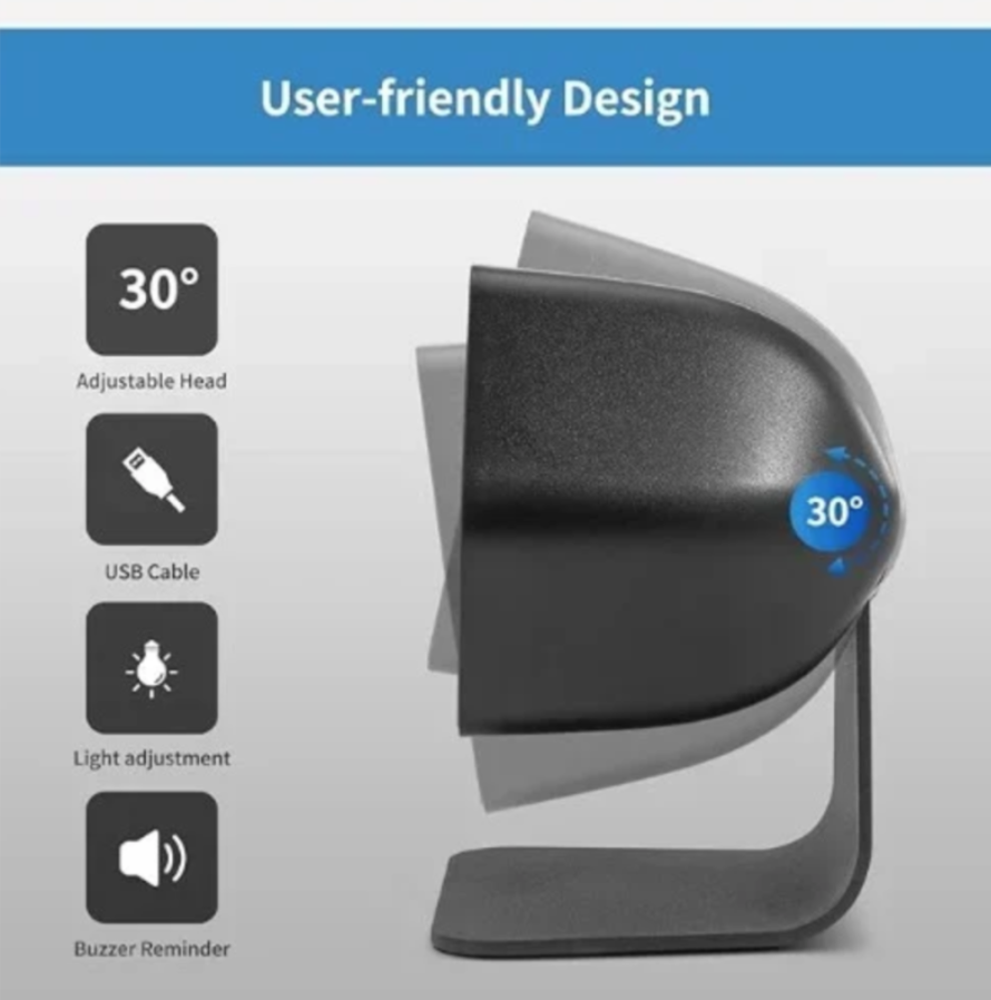 Scaner Coduri de Bare de Birou Hands-Free Andowl Q-SM700, Omnidirecțional 1D/2D/QR, Senzor CMOS 1.0MP, Citire pe Ecrane & Hârtie, Senzor Infraroșu, Fereastră Reglabilă 30°, USB Plug & Play, Kivoo