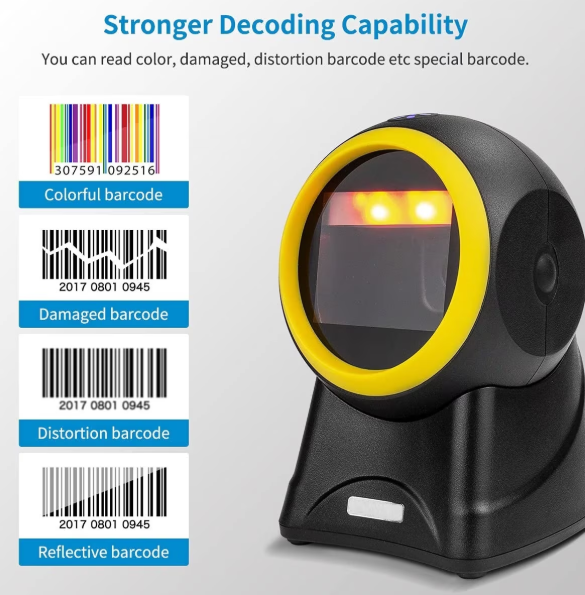 Scaner Coduri de Bare de Birou Hands-Free Andowl Q-SM6 Negru/Galben, Omnidirecțional 1D/2D/QR, Senzor CMOS 960x640, Tehnologie Fără Lumină Deranjantă, Scanare Inductivă Automată, USB Plug & Play, Kivoo