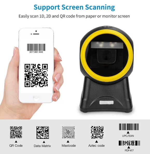 Scaner Coduri de Bare de Birou Hands-Free Andowl Q-SM6 Negru/Galben, Omnidirecțional 1D/2D/QR, Senzor CMOS 960x640, Tehnologie Fără Lumină Deranjantă, Scanare Inductivă Automată, USB Plug & Play, Kivoo
