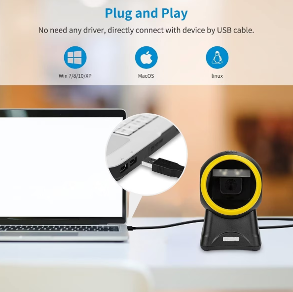 Scaner Coduri de Bare de Birou Hands-Free Andowl Q-SM6 Negru/Galben, Omnidirecțional 1D/2D/QR, Senzor CMOS 960x640, Tehnologie Fără Lumină Deranjantă, Scanare Inductivă Automată, USB Plug & Play, Kivoo