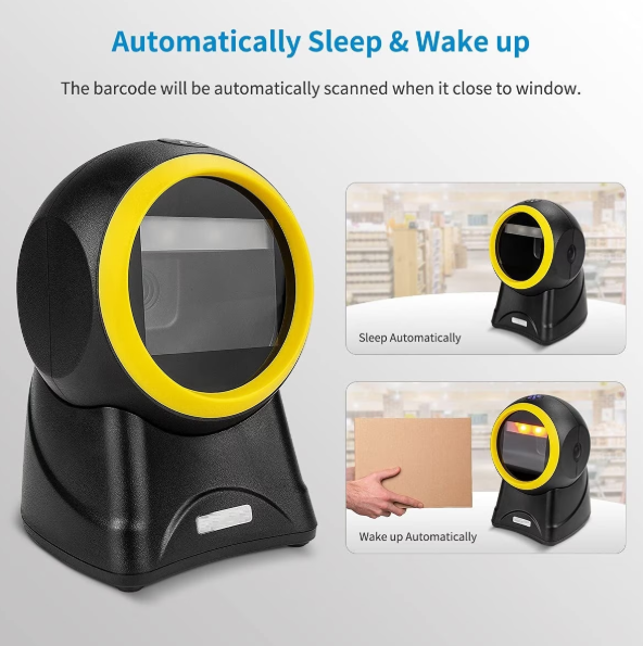 Scaner Coduri de Bare de Birou Hands-Free Andowl Q-SM6 Negru/Galben, Omnidirecțional 1D/2D/QR, Senzor CMOS 960x640, Tehnologie Fără Lumină Deranjantă, Scanare Inductivă Automată, USB Plug & Play, Kivoo