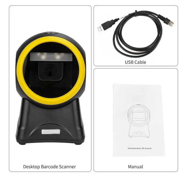 Scaner Coduri de Bare de Birou Hands-Free Andowl Q-SM6 Negru/Galben, Omnidirecțional 1D/2D/QR, Senzor CMOS 960x640, Tehnologie Fără Lumină Deranjantă, Scanare Inductivă Automată, USB Plug & Play, Kivoo