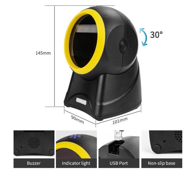 Scaner Coduri de Bare de Birou Hands-Free Andowl Q-SM6 Negru/Galben, Omnidirecțional 1D/2D/QR, Senzor CMOS 960x640, Tehnologie Fără Lumină Deranjantă, Scanare Inductivă Automată, USB Plug & Play, Kivoo
