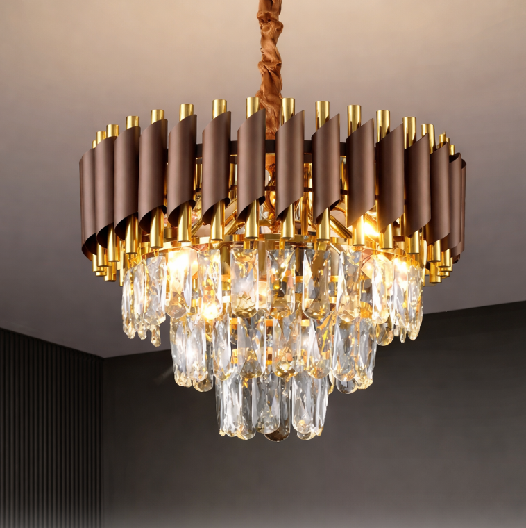 Candelabru cu Cristale, Design Elegant Maro Bronz-Auriu, Diametru 30 cm, 5 Socluri E14, Asamblare Intuitivă, Iluminat Interior Decorativ, Kivoo
