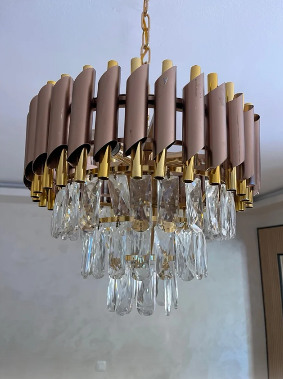Candelabru cu Cristale, Design Elegant Maro Bronz-Auriu, Diametru 30 cm, 5 Socluri E14, Asamblare Intuitivă, Iluminat Interior Decorativ, Kivoo