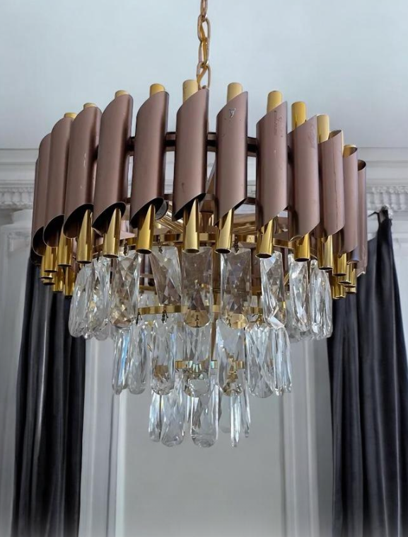 Candelabru cu Cristale, Design Elegant Maro Bronz-Auriu, Diametru 30 cm, 5 Socluri E14, Asamblare Intuitivă, Iluminat Interior Decorativ, Kivoo