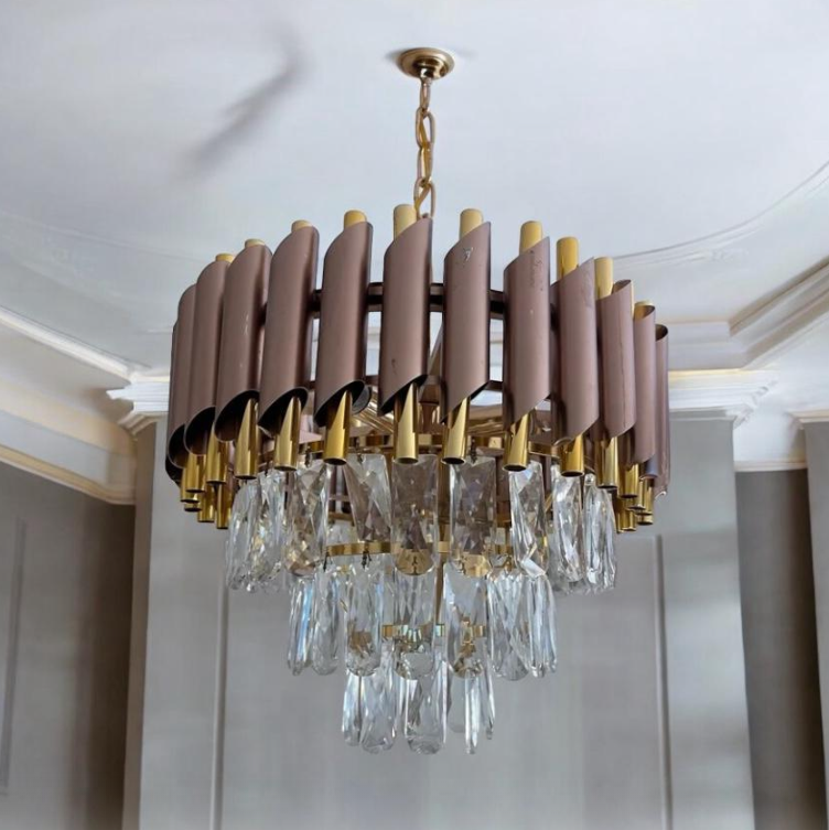Candelabru cu Cristale, Design Elegant Maro Bronz-Auriu, Diametru 30 cm, 5 Socluri E14, Asamblare Intuitivă, Iluminat Interior Decorativ, Kivoo