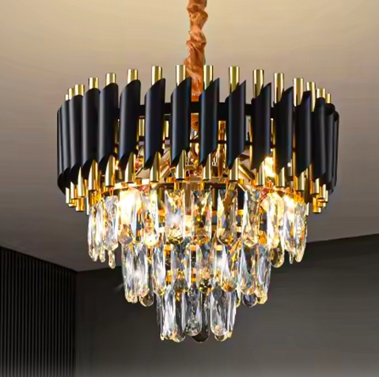 Candelabru cu Cristale, Design Elegant Negru-Auriu, Diametru 40 cm, 5 Socluri E14, Asamblare Intuitivă, Iluminat Interior Decorativ, Kivoo