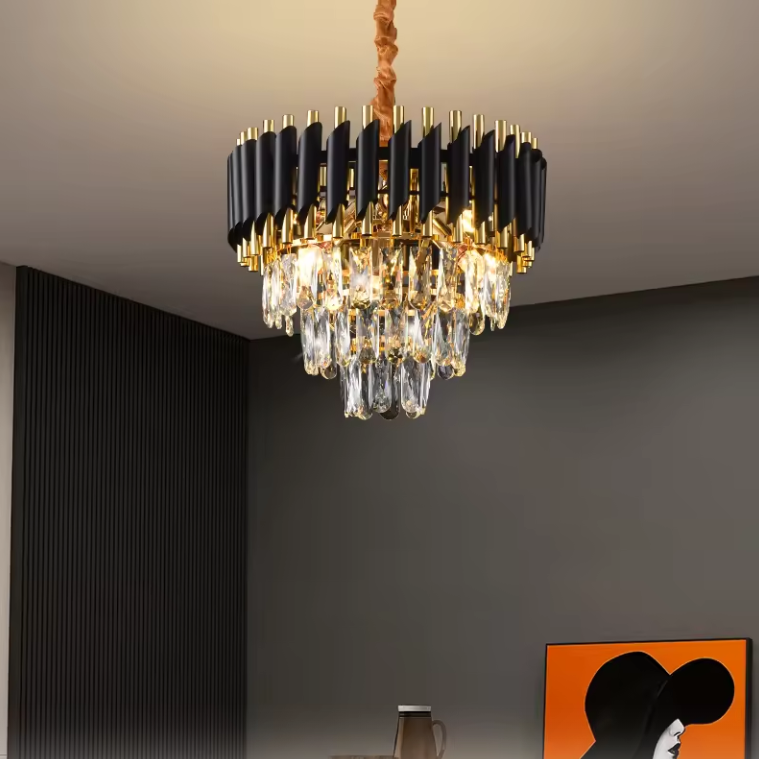 Candelabru cu Cristale, Design Elegant Negru-Auriu, Diametru 40 cm, 5 Socluri E14, Asamblare Intuitivă, Iluminat Interior Decorativ, Kivoo