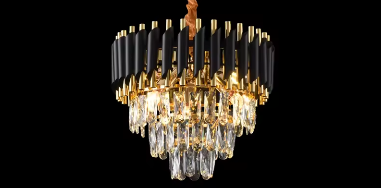 Candelabru cu Cristale, Design Elegant Negru-Auriu, Diametru 40 cm, 5 Socluri E14, Asamblare Intuitivă, Iluminat Interior Decorativ, Kivoo