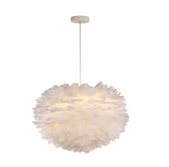 Lustră Tip Pendul cu Pene Albe, Stil Nordic, Diametru 35 cm, 3 Socluri E27, Design Elegant & Bohemien, Iluminat Interior Decorativ, Kivoo