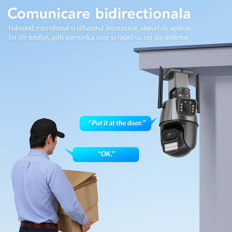 Set 2 Camere de Supraveghere WiFi duble Jortan 9687PRO (Pachet Promoțional), 6MP Ultra HD, PTZ 360°, Exterior IP66, Vedere Nocturnă Color, Audio Bidirecțional, Alarmă Integrată, Aplicație ICSee, Kivoo
