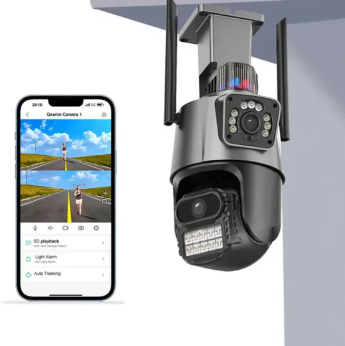 Set 2 Camere de Supraveghere WiFi duble Jortan 9687PRO (Pachet Promoțional), 6MP Ultra HD, PTZ 360°, Exterior IP66, Vedere Nocturnă Color, Audio Bidirecțional, Alarmă Integrată, Aplicație ICSee, Kivoo