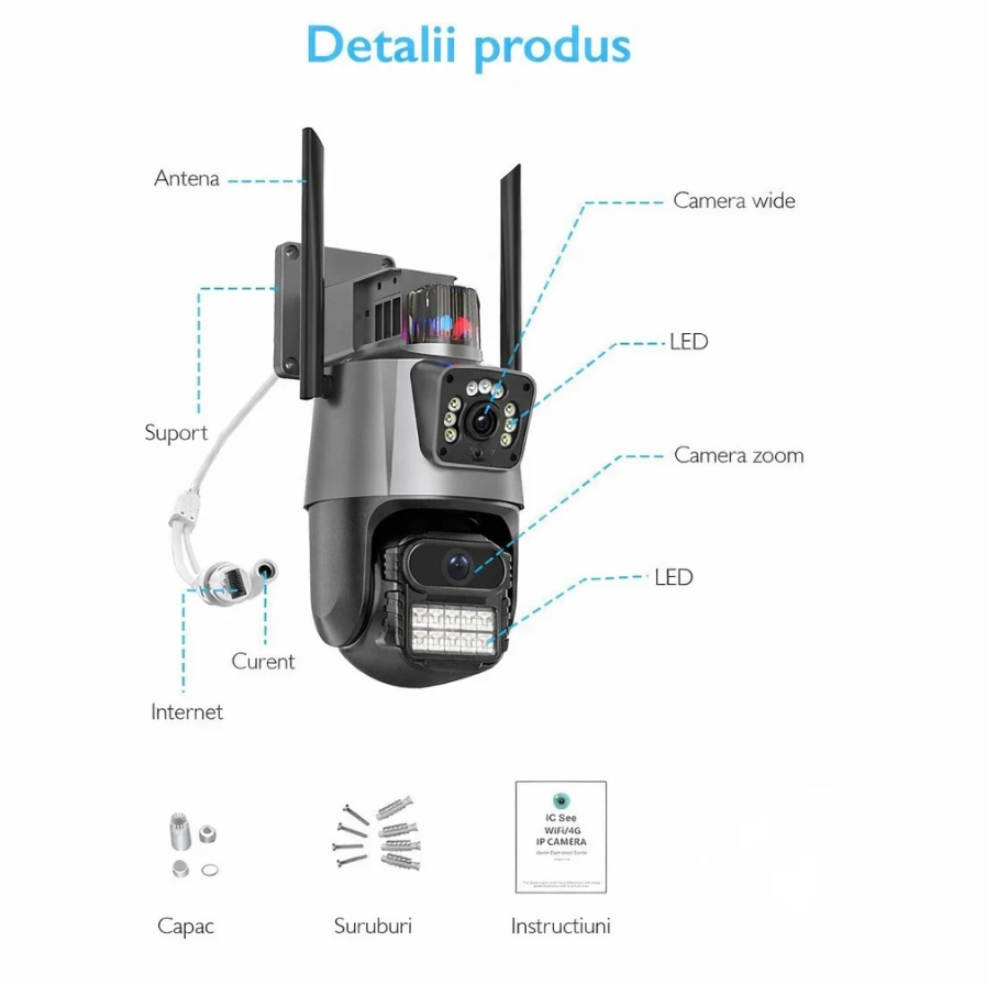 Set 2 Camere de Supraveghere WiFi duble Jortan 9687PRO (Pachet Promoțional), 6MP Ultra HD, PTZ 360°, Exterior IP66, Vedere Nocturnă Color, Audio Bidirecțional, Alarmă Integrată, Aplicație ICSee, Kivoo