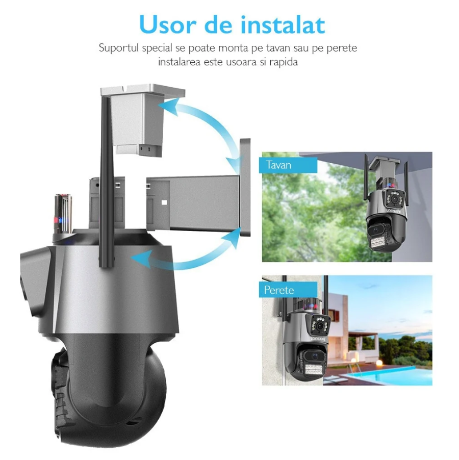 Set 2 Camere de Supraveghere WiFi duble Jortan 9687PRO (Pachet Promoțional), 6MP Ultra HD, PTZ 360°, Exterior IP66, Vedere Nocturnă Color, Audio Bidirecțional, Alarmă Integrată, Aplicație ICSee, Kivoo