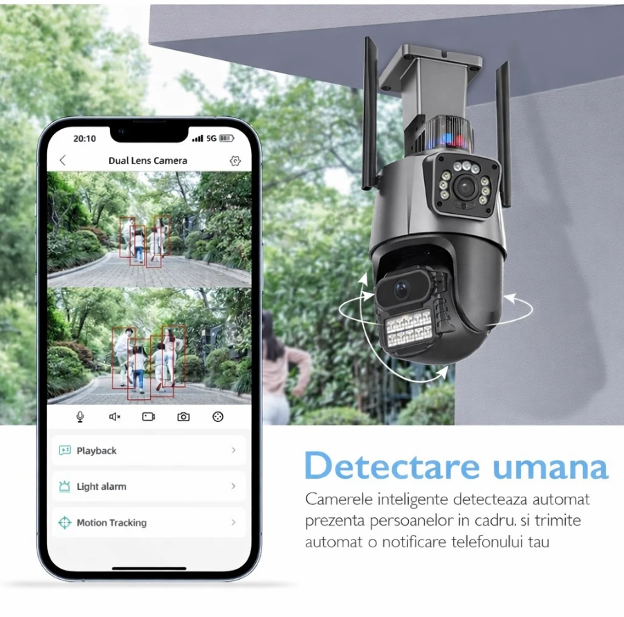 Set 2 Camere de Supraveghere WiFi duble Jortan 9687PRO (Pachet Promoțional), 6MP Ultra HD, PTZ 360°, Exterior IP66, Vedere Nocturnă Color, Audio Bidirecțional, Alarmă Integrată, Aplicație ICSee, Kivoo