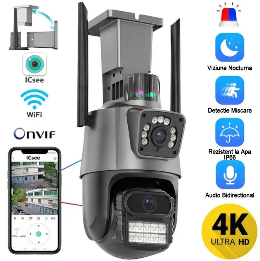 Set 2 Camere de Supraveghere WiFi duble Jortan 9687PRO (Pachet Promoțional), 6MP Ultra HD, PTZ 360°, Exterior IP66, Vedere Nocturnă Color, Audio Bidirecțional, Alarmă Integrată, Aplicație ICSee, Kivoo
