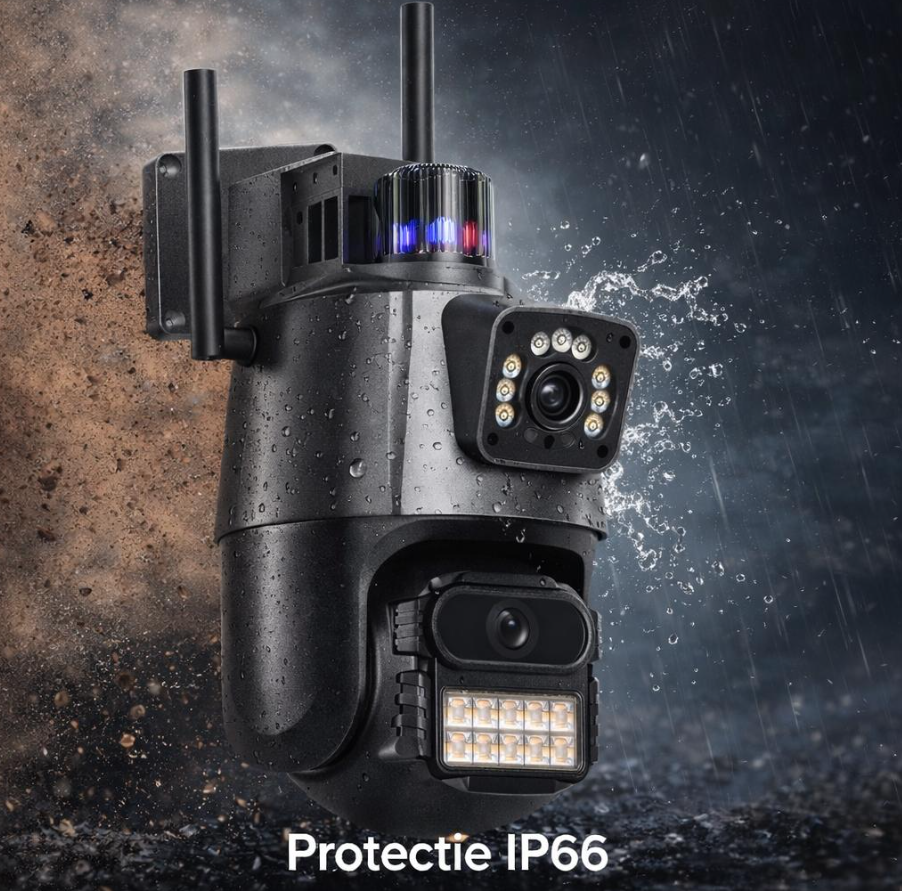 Set 2 Camere de Supraveghere WiFi duble Jortan 9687PRO (Pachet Promoțional), 6MP Ultra HD, PTZ 360°, Exterior IP66, Vedere Nocturnă Color, Audio Bidirecțional, Alarmă Integrată, Aplicație ICSee, Kivoo