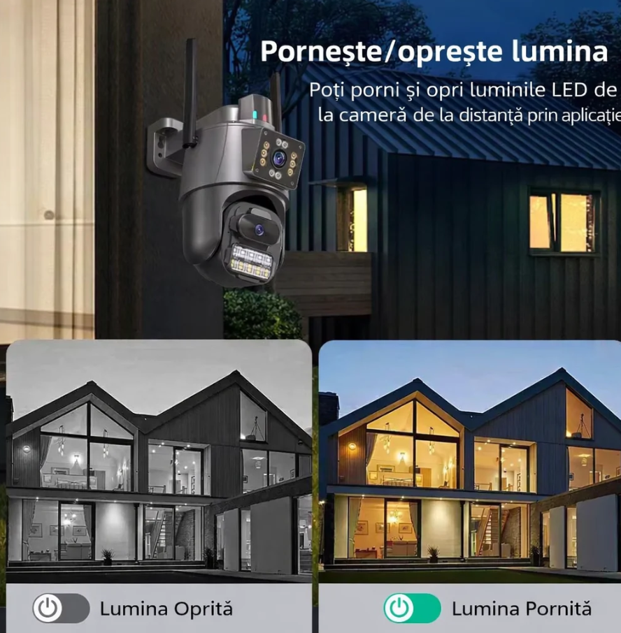 Cameră de Supraveghere WiFi Dual Lens Jortan, 6MP Ultra HD, PTZ 360°, Exterior IP66, Vedere Nocturnă Color, Audio Bidirecțional, Alarmă Integrată, Aplicație ICSee, Kivoo